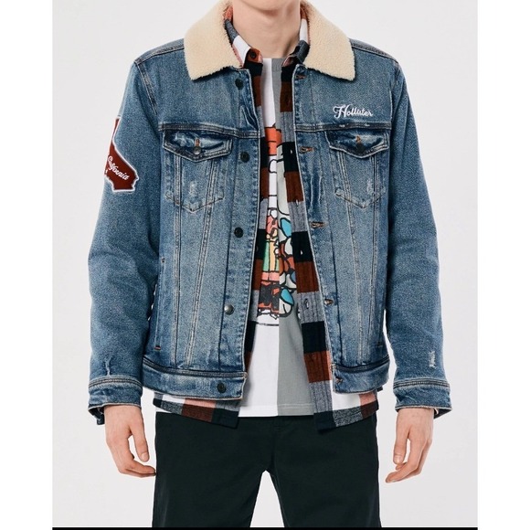 Hollister Sherpa Denim Jacket Mens Lined Trucker Coat Y2K EUC